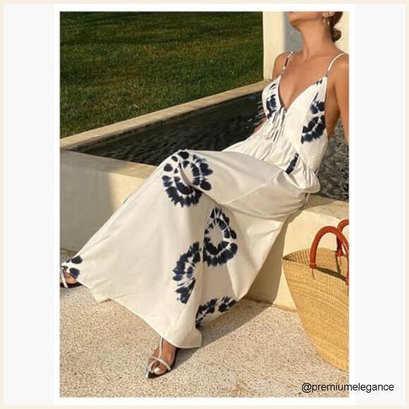 Boho Floral Backless Maxi Dress Tie Front Deep V Neck Sleeveless A Line - Picture 3 of 5